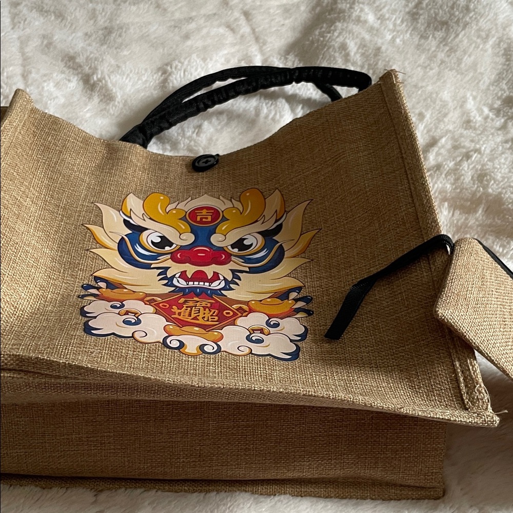 Stylish Tan Tote Bag with Dragon Design